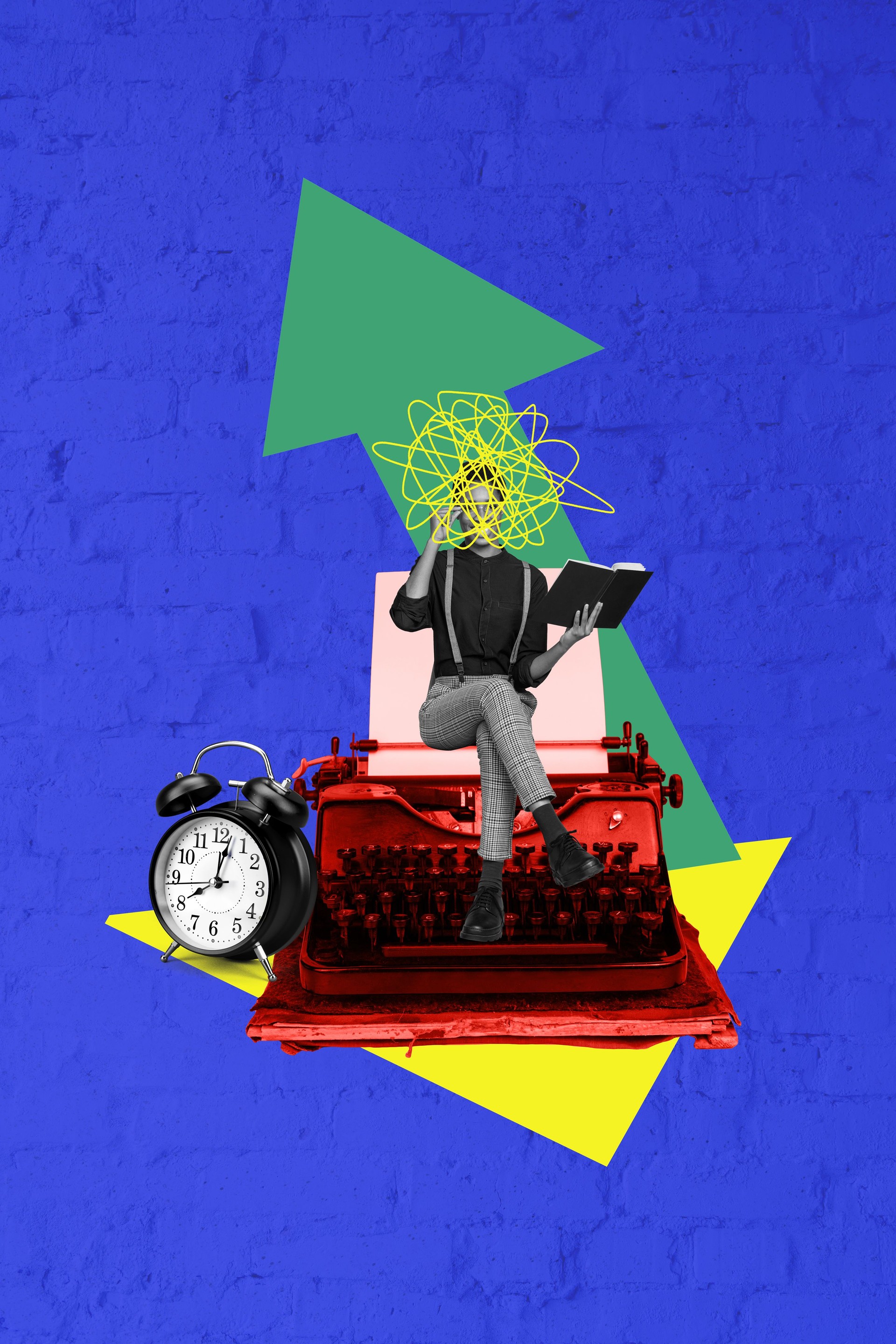 banner vertikal foto trend bild collage von anonym mädchen sitzen retro schreibmaschine maschine storytelling schriftsteller alarm frist pfeil buch