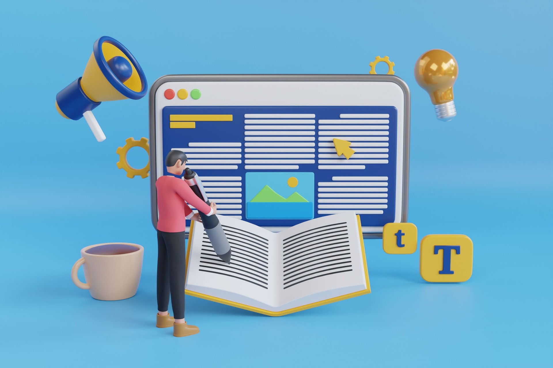 Schreiben von Textinhalten. Überwachen Sie den Computer mit Textdateibearbeitungskonzept. Kreatives Schreiben, Geschichtenerzählen, Texten, Online-Bildung. 3D-Illustration.