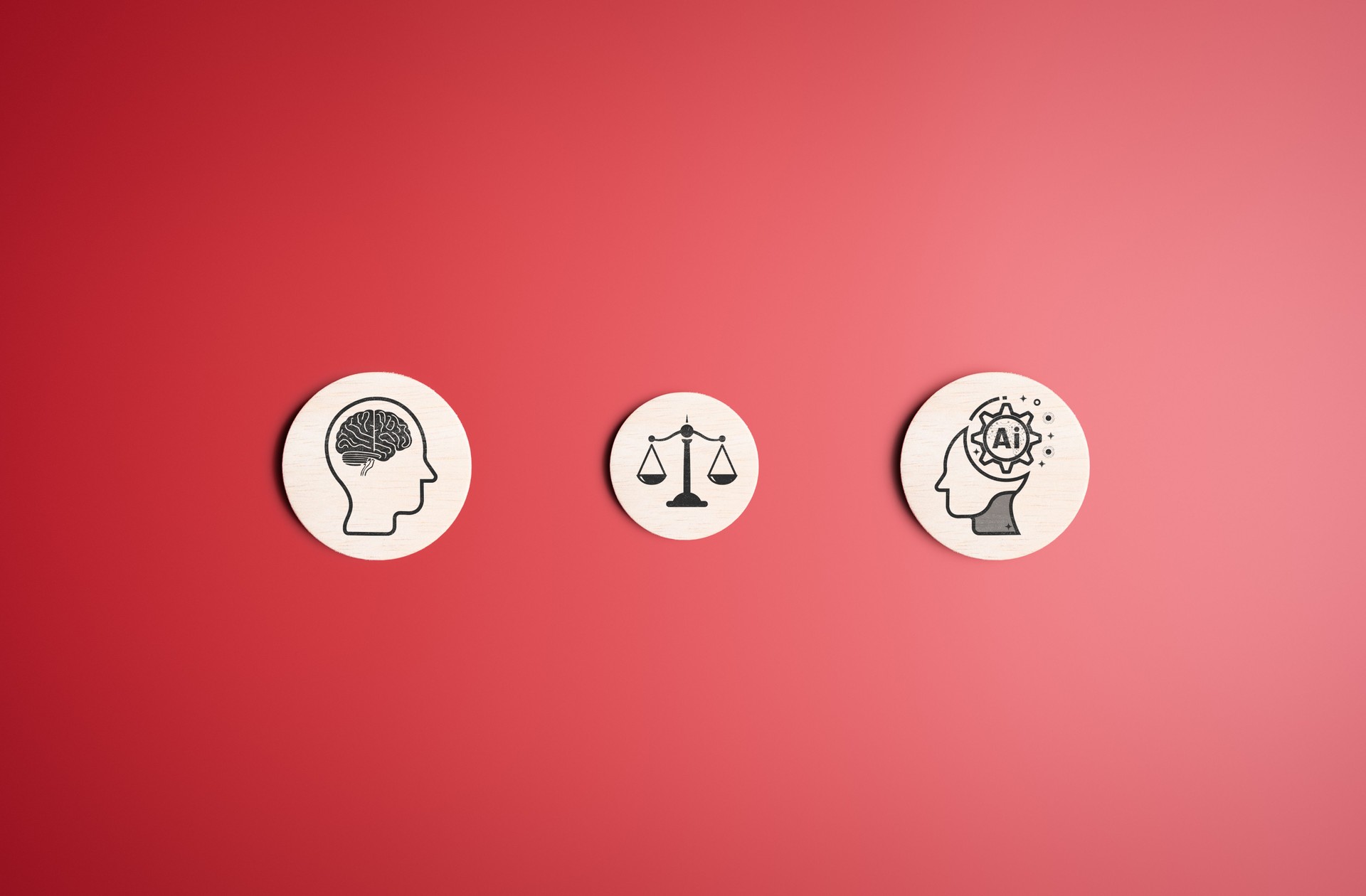 KI-Technologie: Moral und Ethik auf rotem Hintergrund. Die Balance zwischen Mensch und KI. Erstellen Sie Kunst, generieren Sie Inhalte, erzielen Sie Wirkung und übernehmen Sie die Verantwortung für die Nutzung von Arbeit im Bereich des maschinellen Lerne